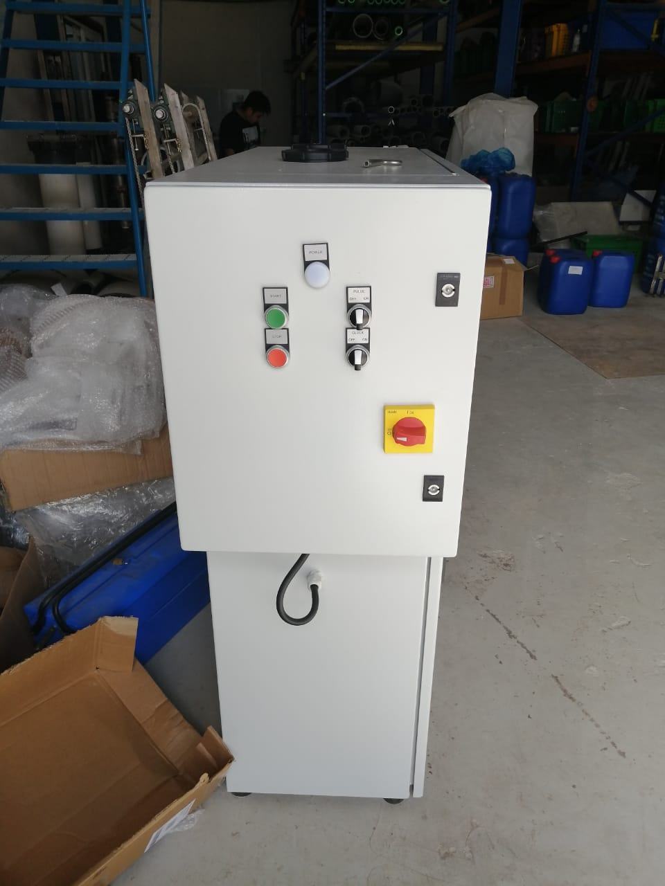 Odour control system enclosure standing in the Odour Control Ltd workshop